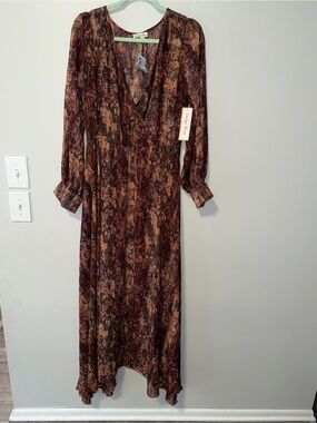 Brown Patterned Long Sleeve V-Neck Maxi Dress